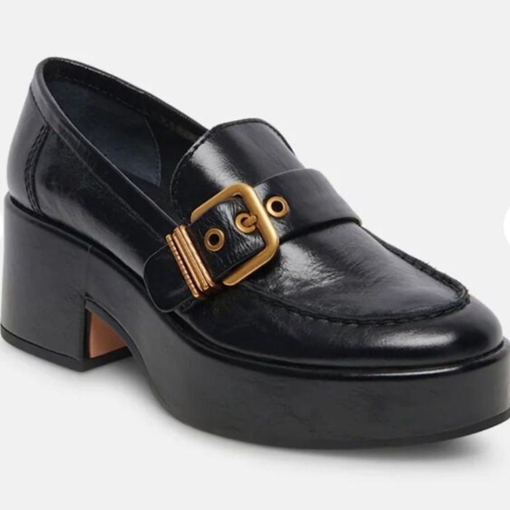 Dolce Vita Chic Black Chunkt Platform Loafers with Gold Accent